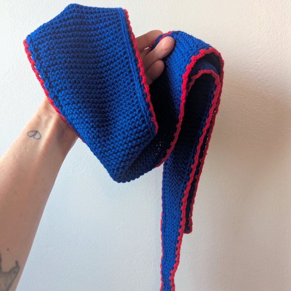 Handmade PetiteKnit Sophie Skinny Scarf Crimson & Cobalt Blue | Scandi Cool Girl - Picture 12 of 15